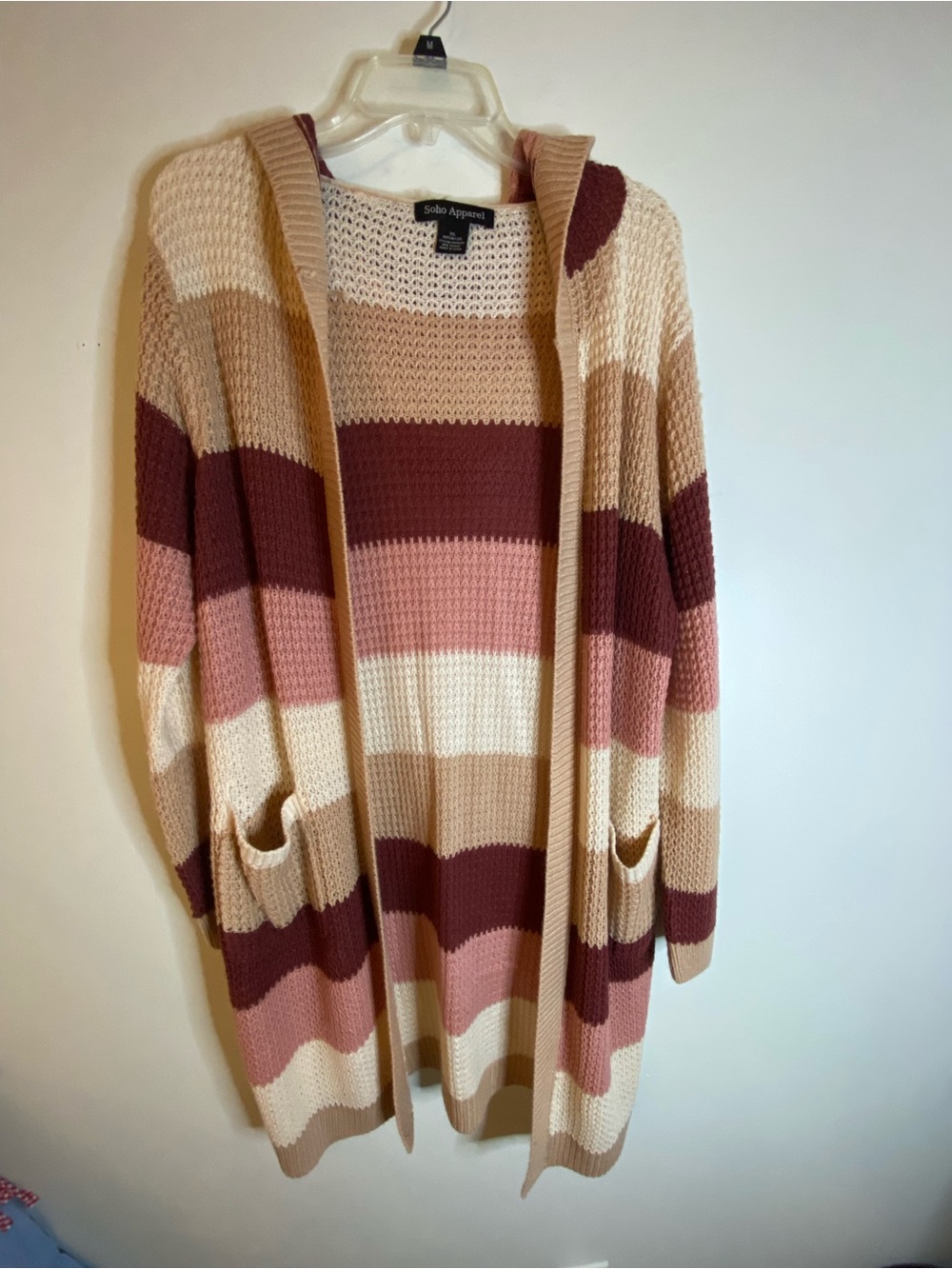 Soho Apparel Striped Hooded Open-Front Cardigan in Cream, Pink, Maroon, Tan
